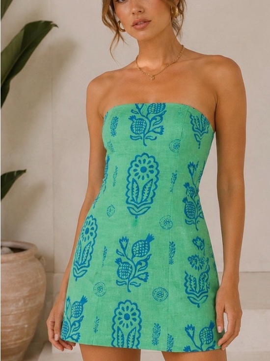 RHODE Dresses & Skirts - Rhode Strapless Mini Dress Green Blue Floral Resort Linen Blend Dress P2P 18’